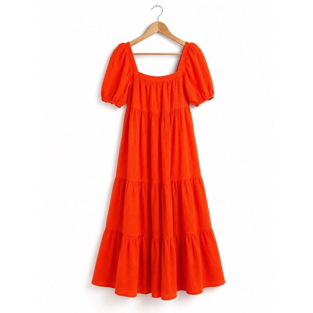 Anthropologie Orange Gauze Tiered Maxi Dress Puff Sleeve XXS